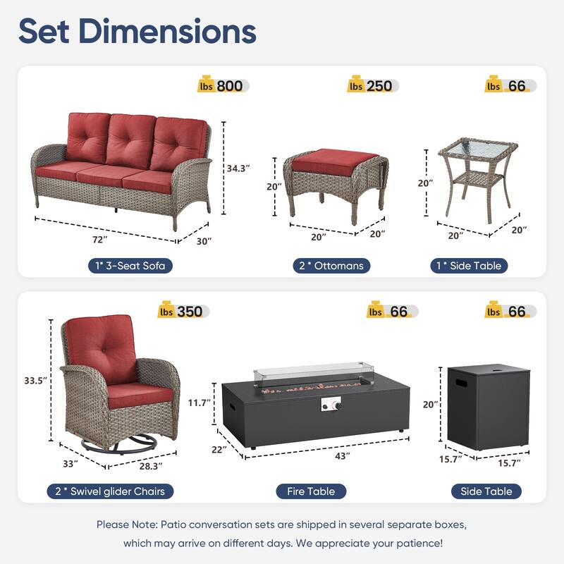 Pocassy 5/7 Piece Sofa Swivel Chair Ottoman with Fire Pit Table