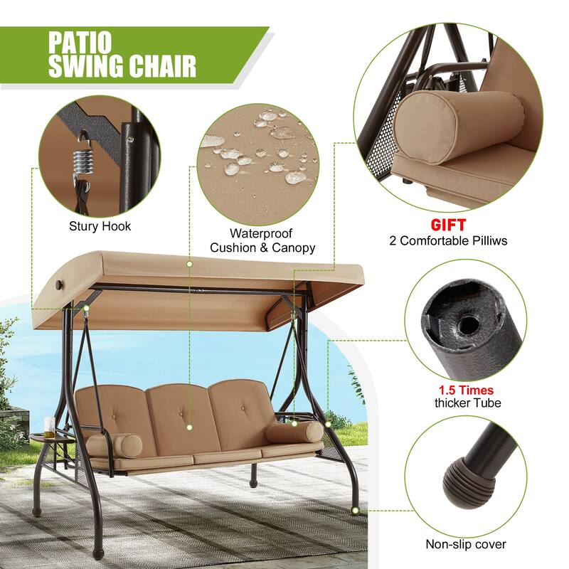 3-Seat Outdoor Porch Swing with Adjustable Canopy & Stand, Convertible Bed, All-Weather, Thickened Cushions & Cup Holders