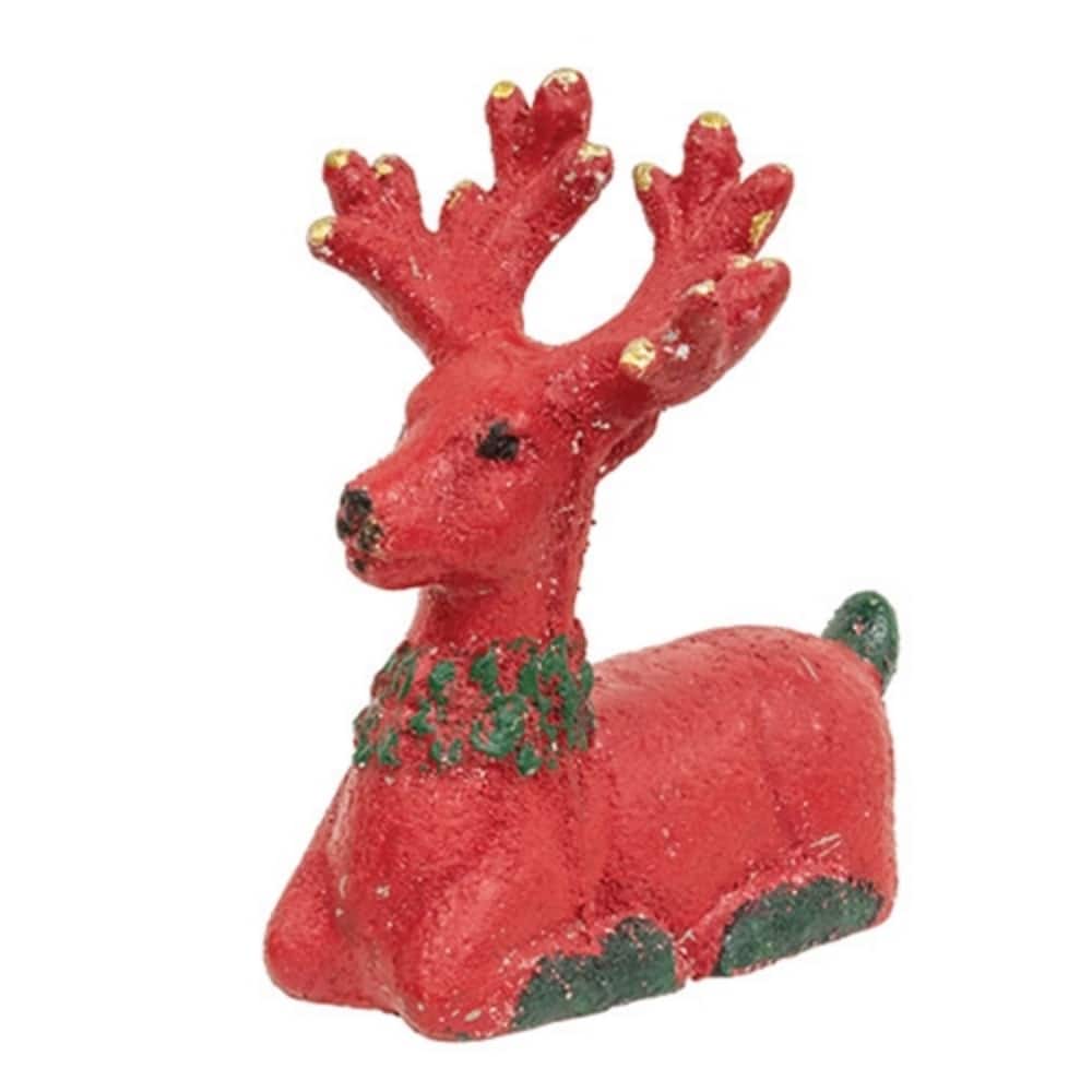 Distressed Cement Red and Green Deer Figurine Christmas Decoration Holiday Tabletop Decor - 15" H x 11" W x 7" D