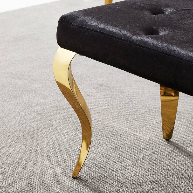 Luxury Velvet Bench Button Tufted Upholstered Dining Bench with Polished Metal Legs