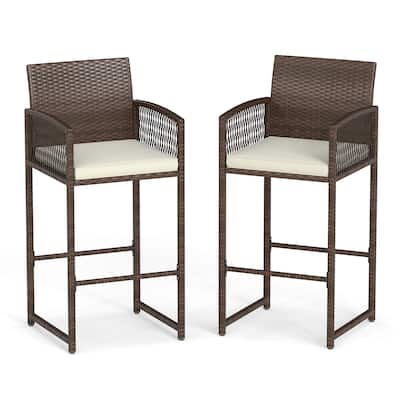 Set of 2 Brown Weather-Resistant PE Wicker Bar Stools with Cushions and Footrest Ideal for Patio or Deck - 22" x 20.5" x 44"