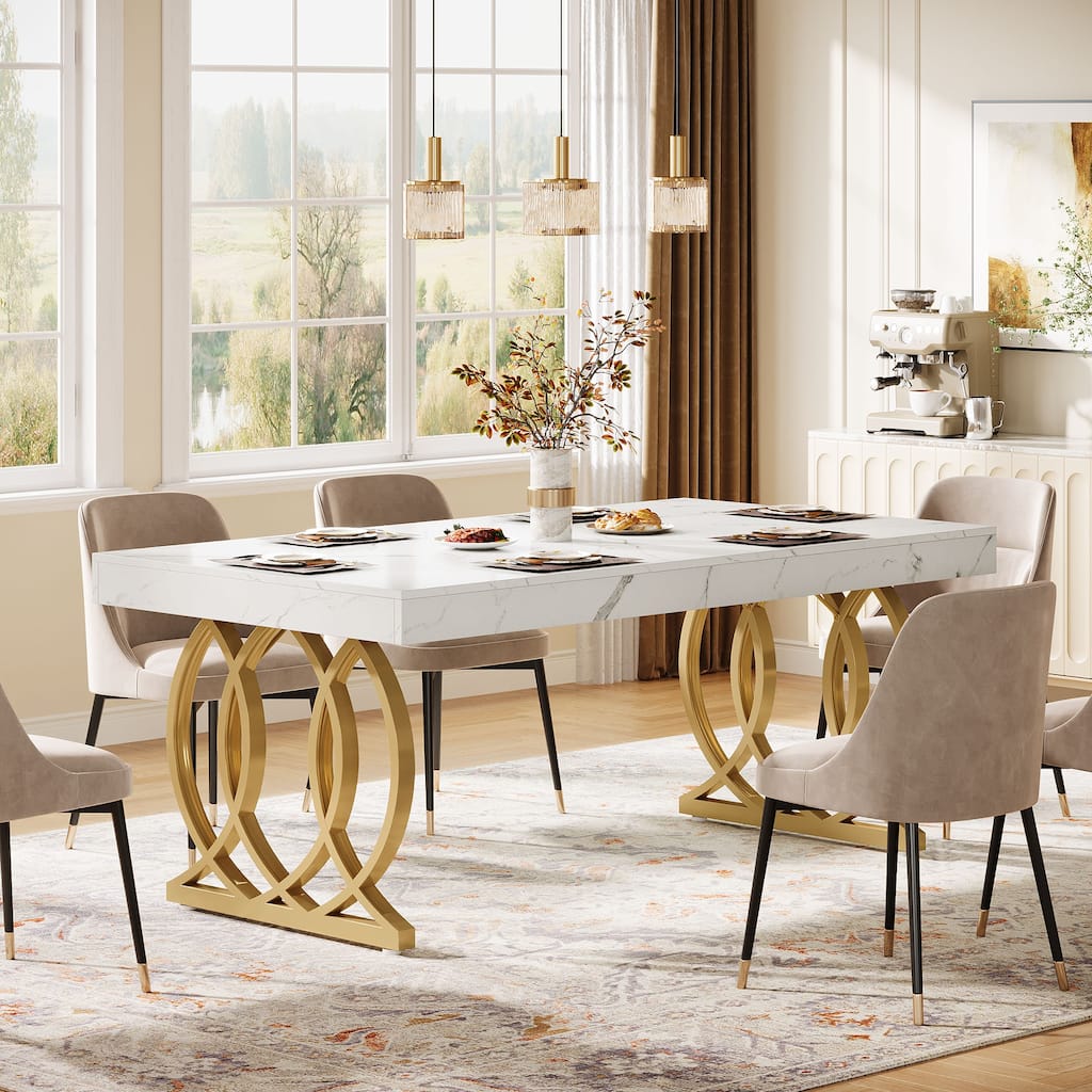 Modern Kitchen Table with Faux Marble Tabletop and Geometric Legs