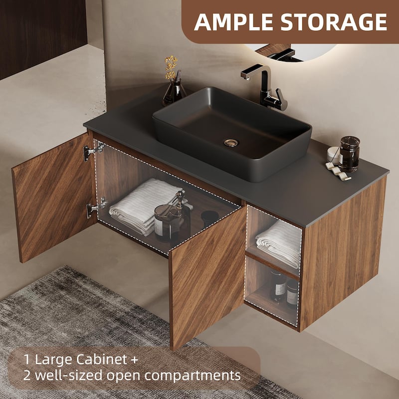 35.83'' Single Bathroom Vanity with Stone Top, Brown Wood, Black Vessel, Floading Vanities