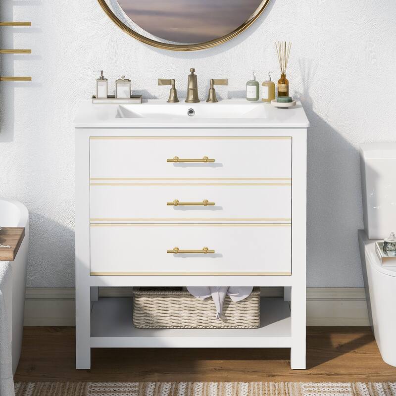 Modern Bathroom Vanity Cabinet with Sink, Open Storge & 2 Drawers - White