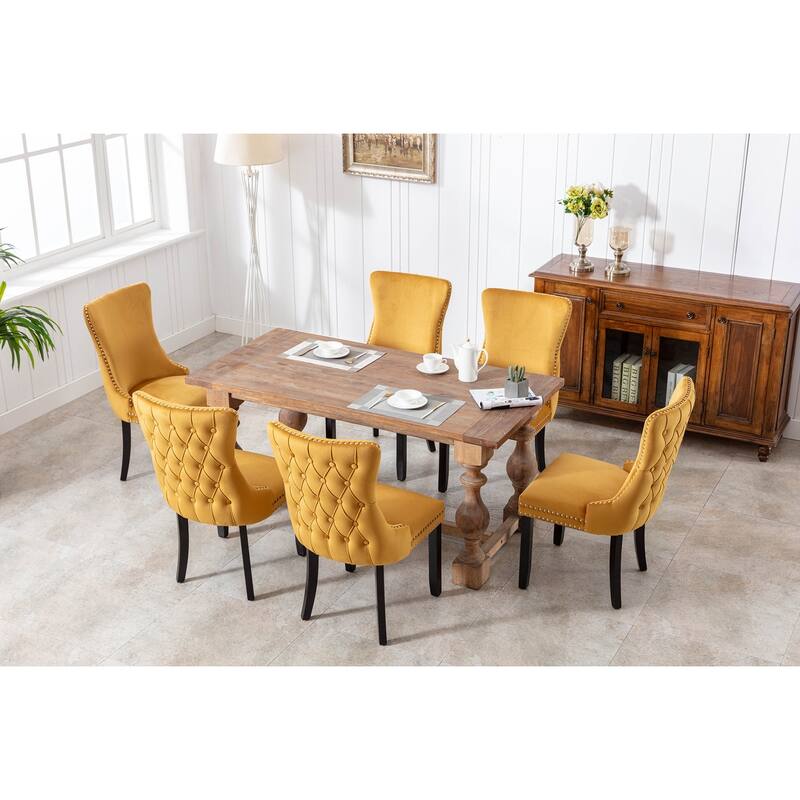 Velvet Upholstered Dining Chair Set of 2, Wing-Back Kitchen Chairs with Backstitching Nailhead Trim and Solid Wood Legs