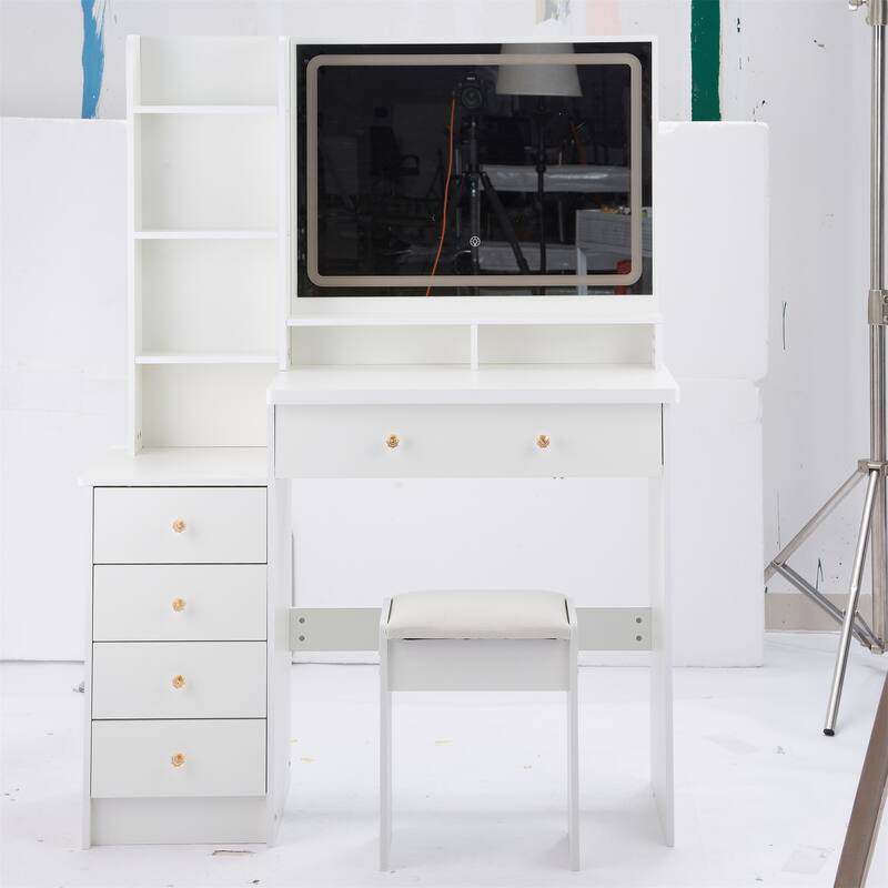 41" Large Left-Side Vanity Set with LED Mirror and Storage - White