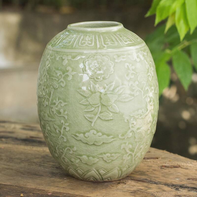 Novica Handmade Green Plum Blossom Celadon Ceramic Vase