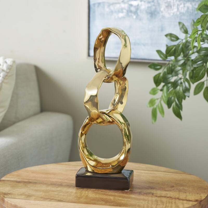 Silver or Gold Ceramic Interlocked Ring Abstract Decorative Sculpture with Black Base - Gold