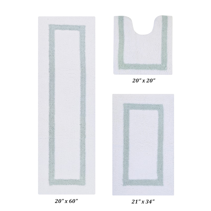 Better Trends Hotel Collection in Race Track 100% Cotton Super Absorbent Reversible Double Sided Machine Washable Bath Mat Rug - 3 Piece Set (20" x 20" | 21" x 34" | 20" x 60") - White & Blue