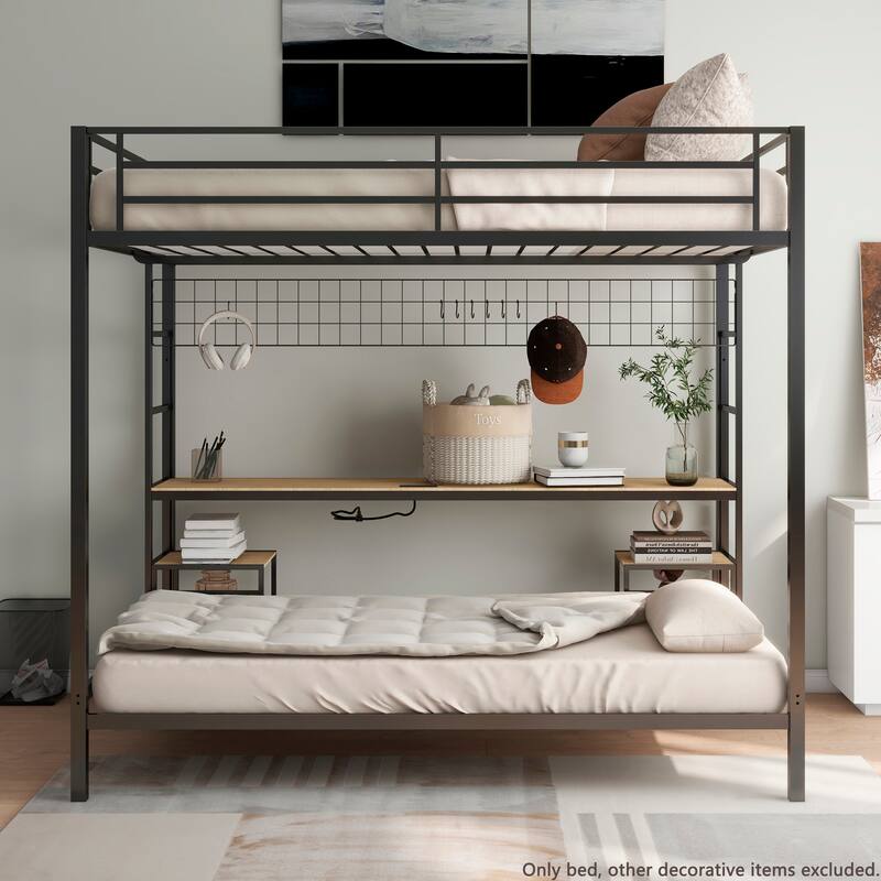 Full Over Twin Bunk Bed with Desk and Charging Station and Storage Shelves and Metal Wire Mesh Panel with Hooks,Guard & Stairs