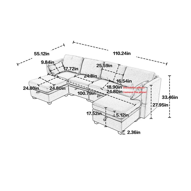 Linen Fabric U Shaped Modular Couch Set with Ottomans and Storage Seats