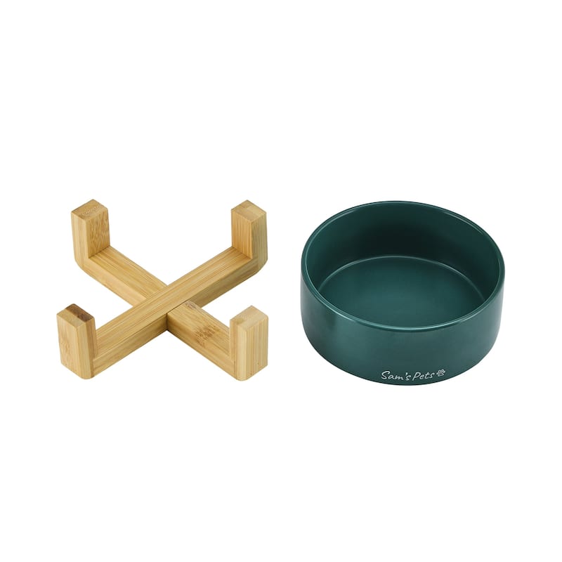 Coco Single Pet Bowl with Wood Stand 5.11'' in Green - 6.3
