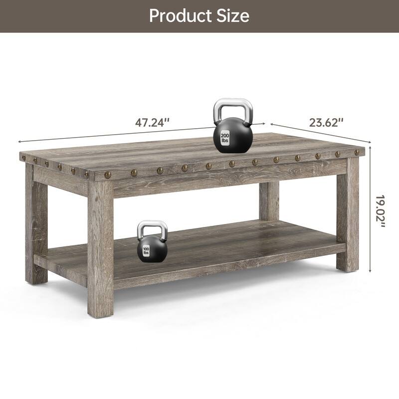 47" Rustic Distressed 2-Tier Coffee Table with Rivet Design
