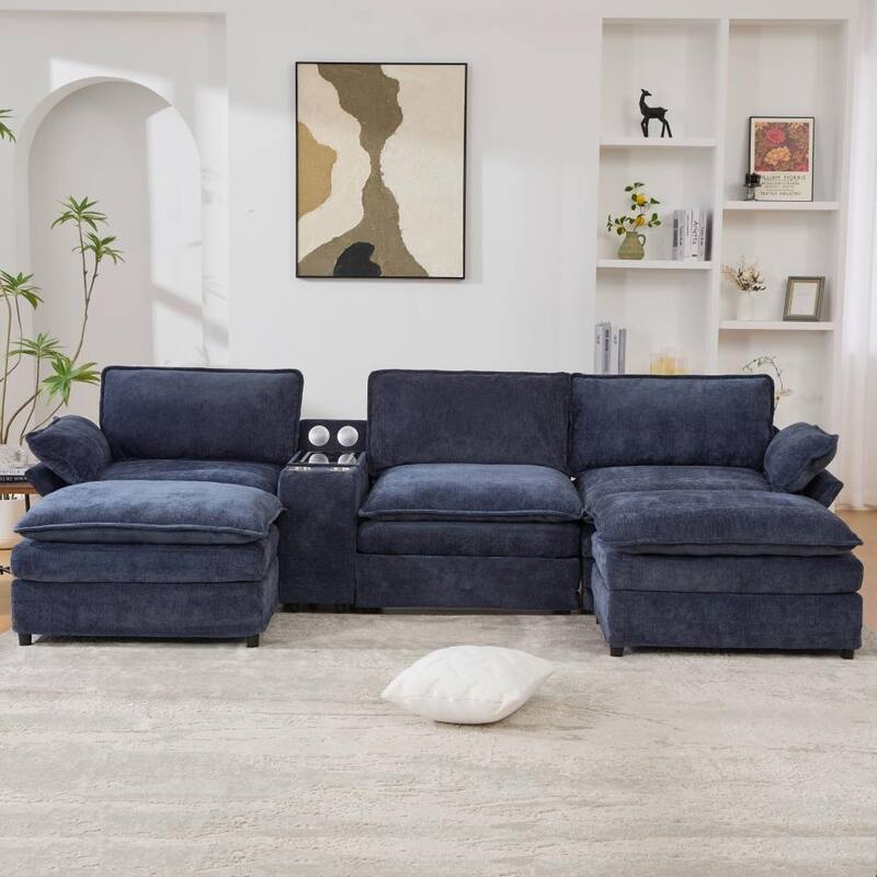 Modern Modular Sectional Sofa with Storage Console and Wireless Charging, Ottomans - Blue