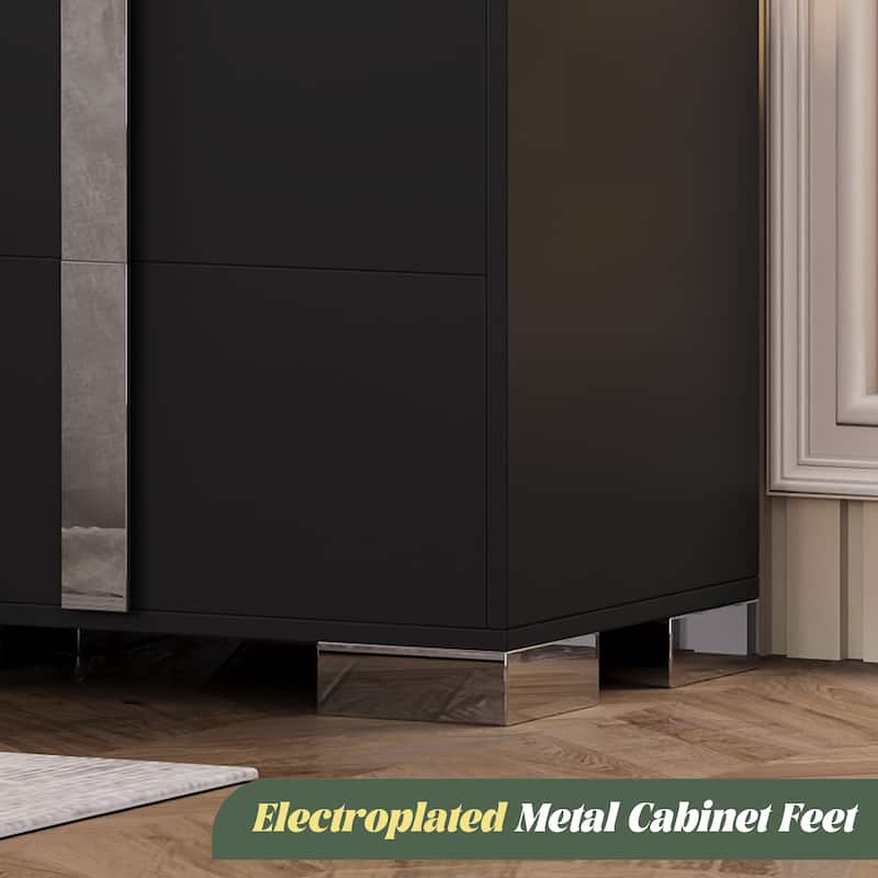 Modern End Table with Drawers, Elegant Nightstand with Metal Foot,Wood Bedside Table with Mirrored Metal Handles