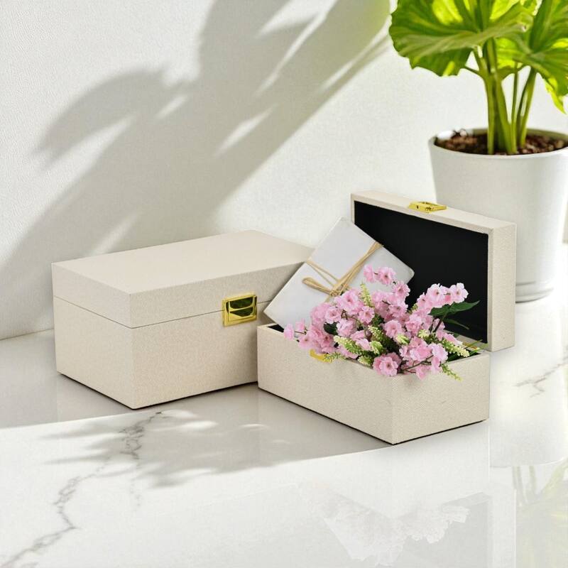 Araminta Set of 2 Rectangular Decorative Storage Boxes - Cream - N/A