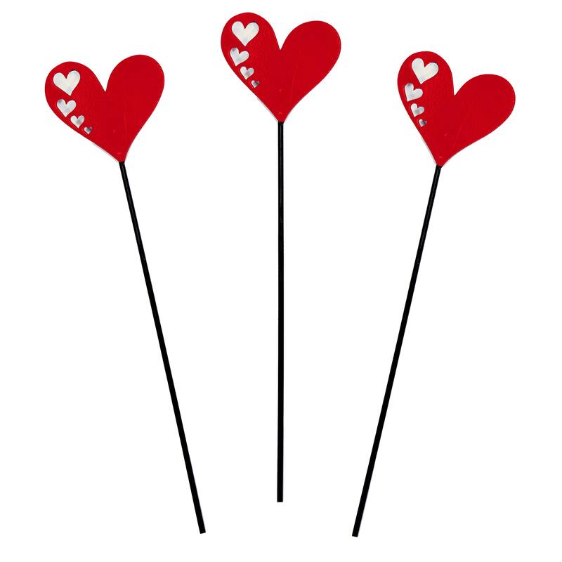 4" Iron Red Heart with Cutouts on 10" Garden Planter or Garden Floral Stake, Set of 6