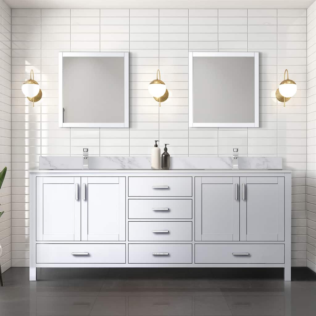 Jacques 80 in. W x 22 in. D Dark Grey Double Bath Vanity, Carrara Marble Top, Faucet Set, and 30 in. Mirrors