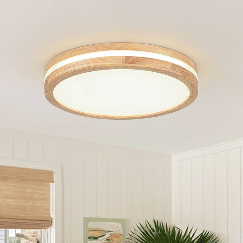 Coastal-style Circular Nested Halo Wood Dimmable LED Flush Mount - 15.7 in