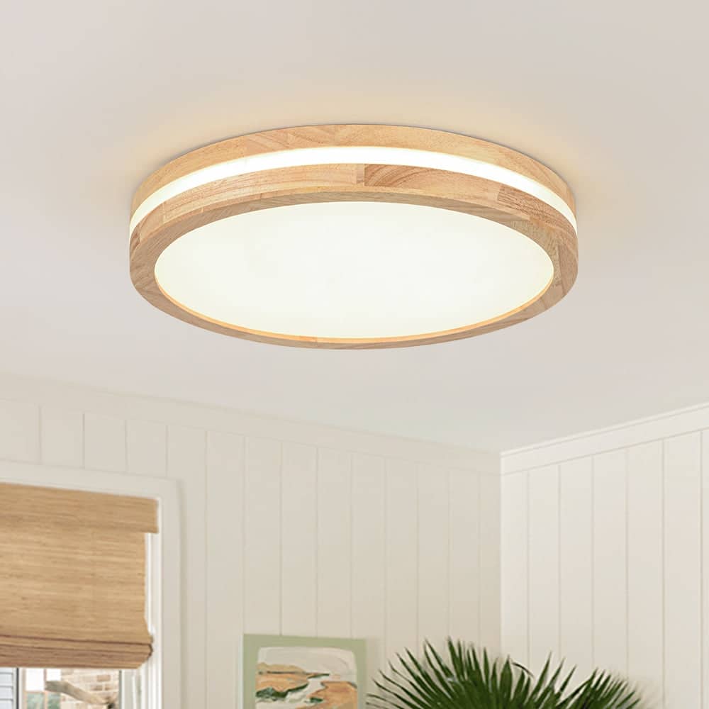 Coastal-style Circular Nested Halo Wood Dimmable LED Flush Mount - 15.7 in