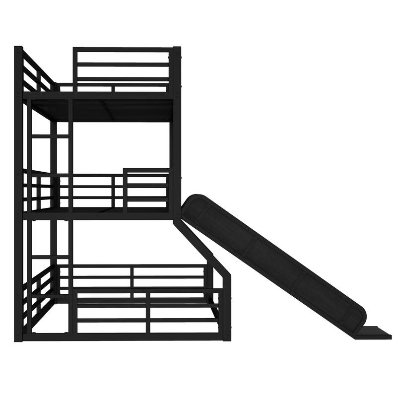 Twin over Twin over Full Bunk Bed with Slide, Metal Triple Bunk Bed with Safety Guardrails, Noise-reduced Design