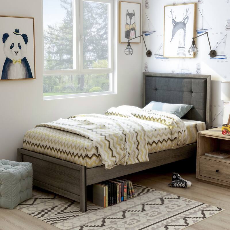 Aury Rustic Grey Solid Wood Tufted Panel Kid Bed by Furniture of America