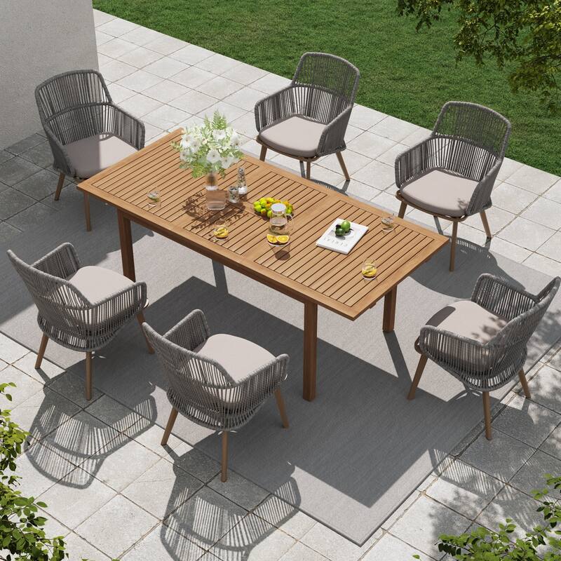Outdoor Patio Dining Set PE Wicker Arm Chair and Extendable Dining Table (7-Piece Set)