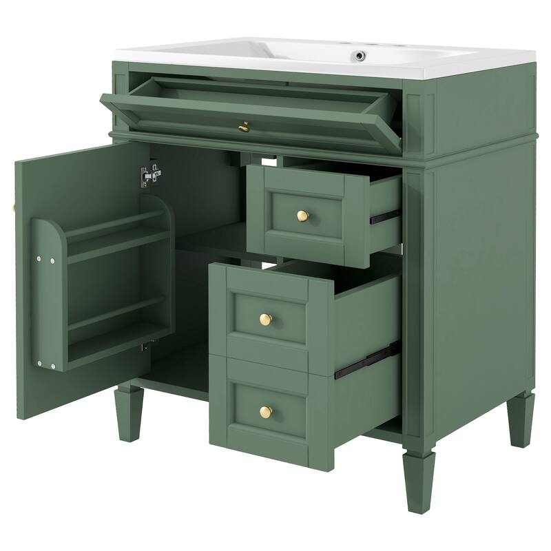 GDFStudio - Montvale Modern Freestanding Bathroom Vanity Set with Mirror Cabinet, Resin Sink & a Tip-out Drawer - 30'W