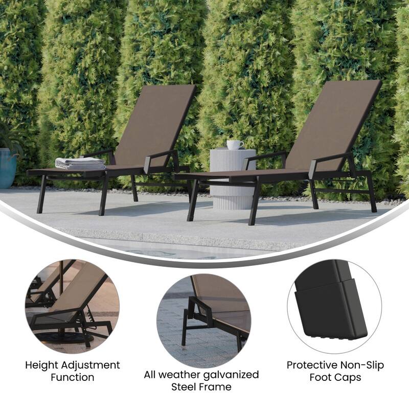 Set of 2 All-Weather Textilene Adjustable Chaise Lounge Chairs with Arms