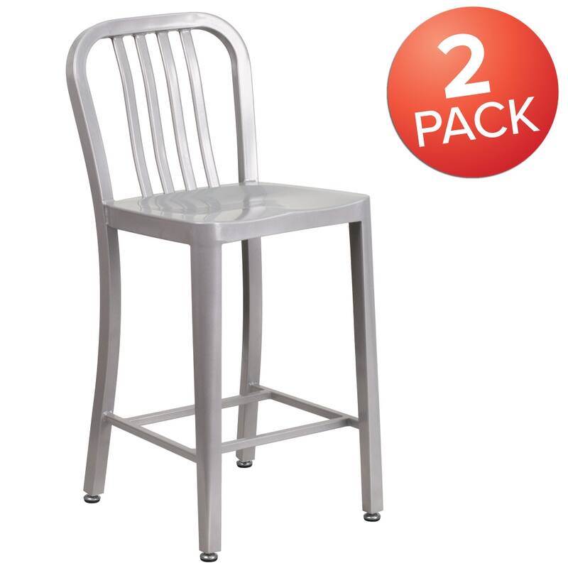 2 Pack 24'' High Metal Indoor-Outdoor Counter Height Stool w/ Vertical Slat Back