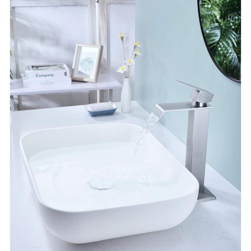 Waterfall Bathroom Sink Single Handle Faucet with Pop Up Drain, No Overflow, Corrosion and Rust Resistant
