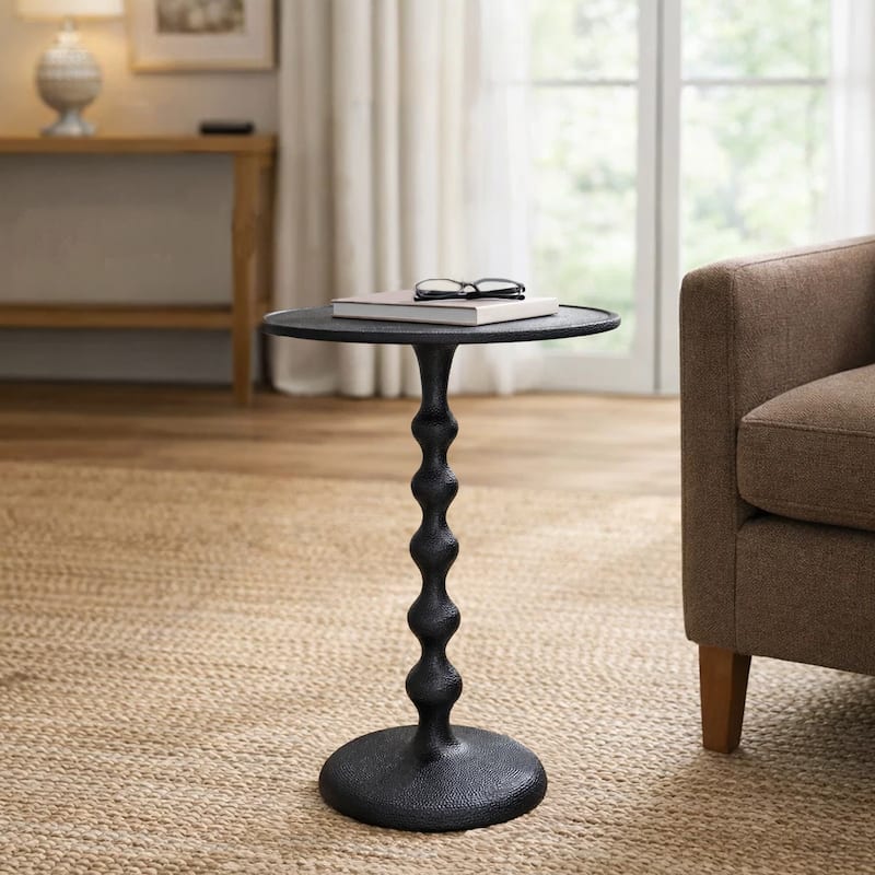 Shae 22 Inch Round Side End Table Matte Black Aluminum Cast, Hammered Texture, Turned Pedestal Post - Black - Aluminum