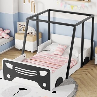 Black Twin Size Pine Wood Car-shaped Bed with Roof, wheels, door Design, Montessori Inspired Bedroom