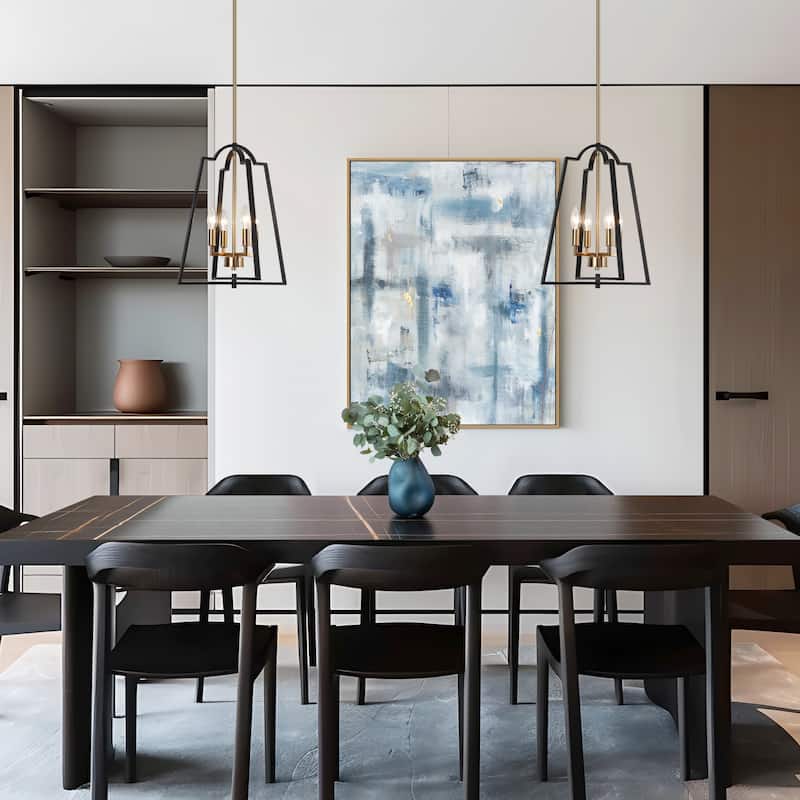Modern Farmhouse Black Gold 4-Light Lantern Geometric Chandelier Candle Kitchen Island Pendant Light - 14" W x 17.5" H