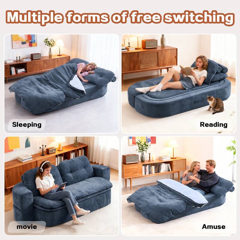 Modern 2-Seater Sofa 2-in-1 Sleeper Sofa Bed with Convertible Sofa Cushion Unfolds Into Quilt, 2 Pillows, for Living Room