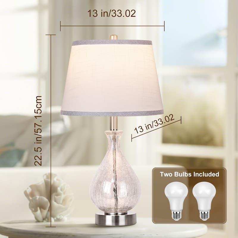 Glass Table Lamp Set of 2, 22.5" LED Light with Touch Control, 3 Way Dimmable Modern Bedside Lamps with Fabric Shade