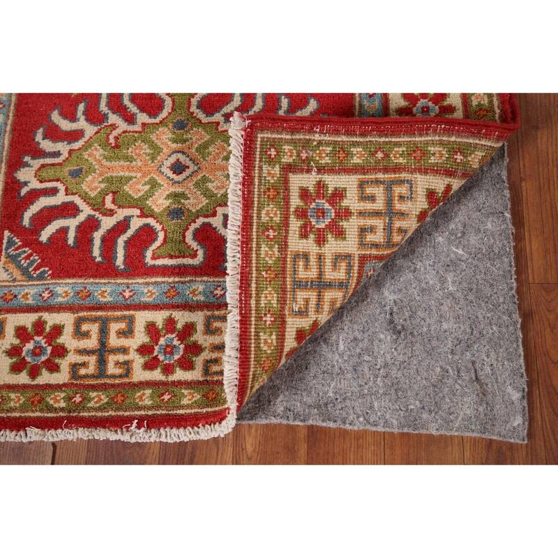 Red Geometric Kazak Foyer Rug Hand-Knotted Oriental Wool Carpet - 2'9" x 4'0"
