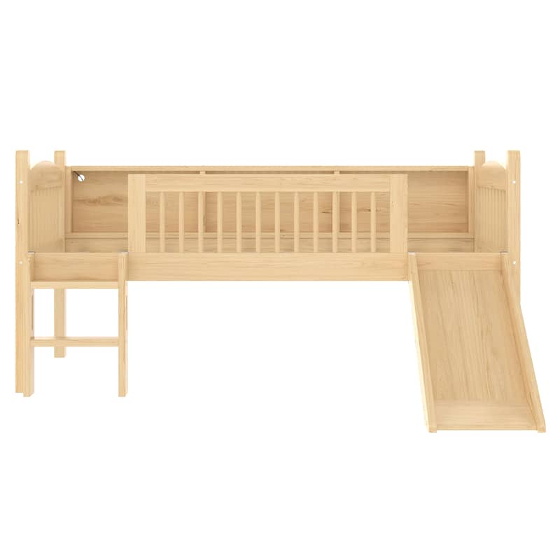 Twin Loft Bed with Storage Shelves, Solid Wood Lower Loft Bed with LED Lights and Full-length Guardrails