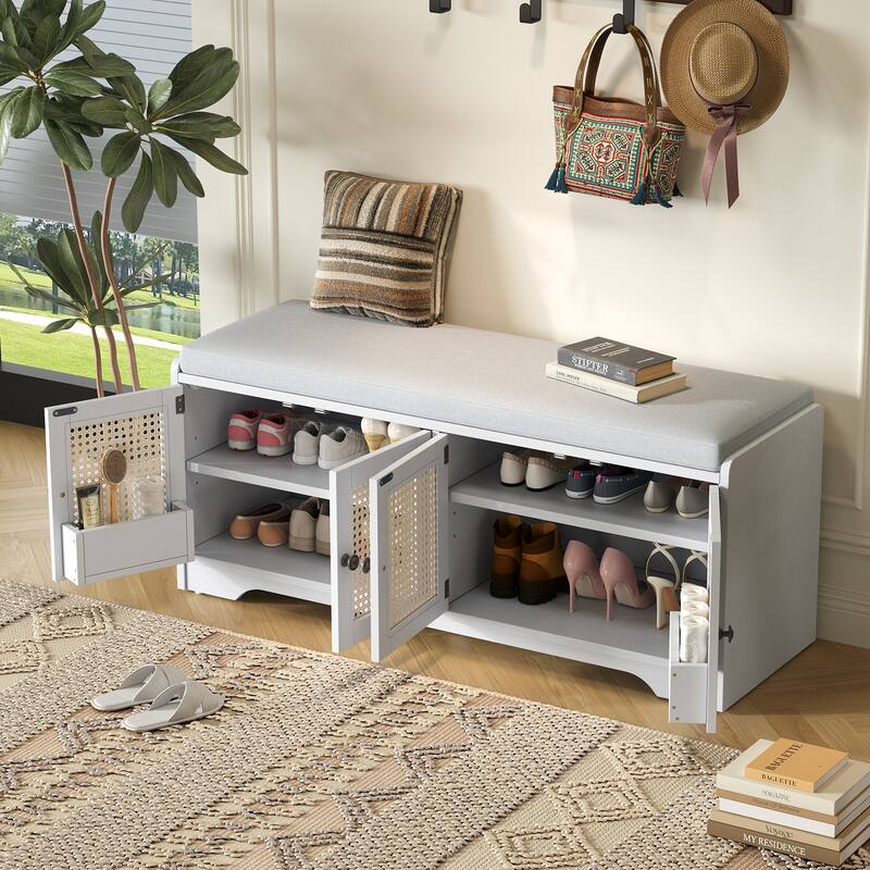 47.4" Rustic Storage Shoe Bench with Removable Cushion and Adjustable Shelves