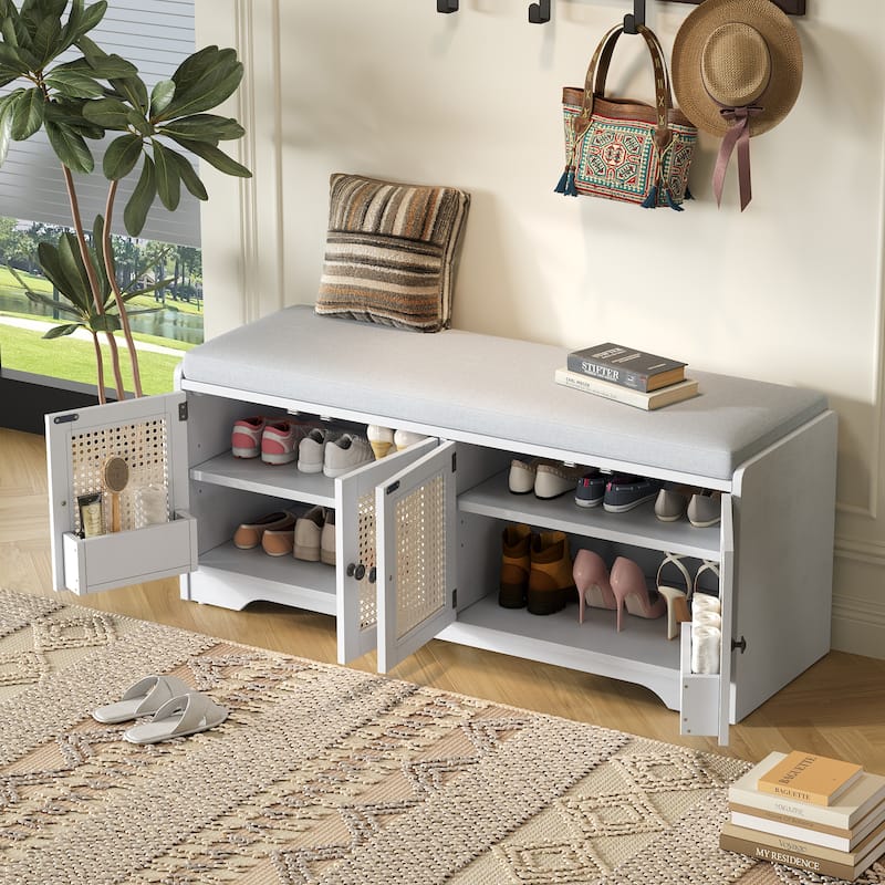 Rustic Storage Bench Multifunctional Wood Entryway Shoe Bench with Removable Cushion, Woven Rattan Doors & Adjustable Shelves - White