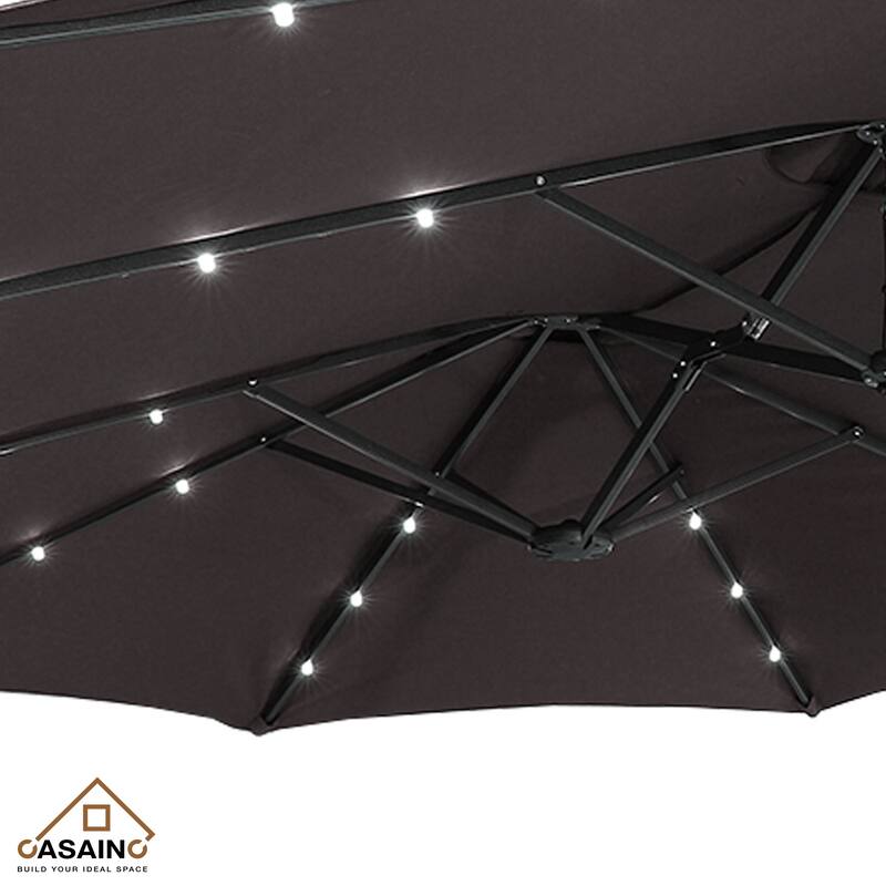 15-ft. Rectangular Crank Double-sided Outdoor Market Umbrella Solar LED Lighted Patio Umbrella with Base Included