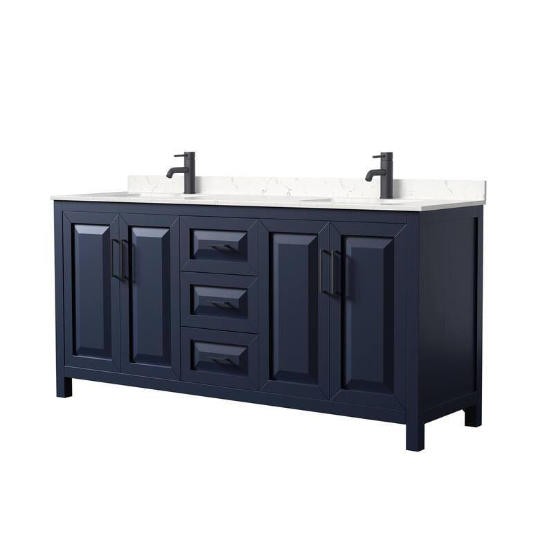 Wyndham Collection Daria 72" Free Standing Double Basin Vanity Set - Dark Blue / Carrara Cultured Marble Top / Matte