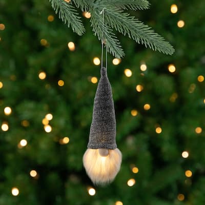 8" Lighted Metallic Gray Knit Gnome Head Christmas Ornament