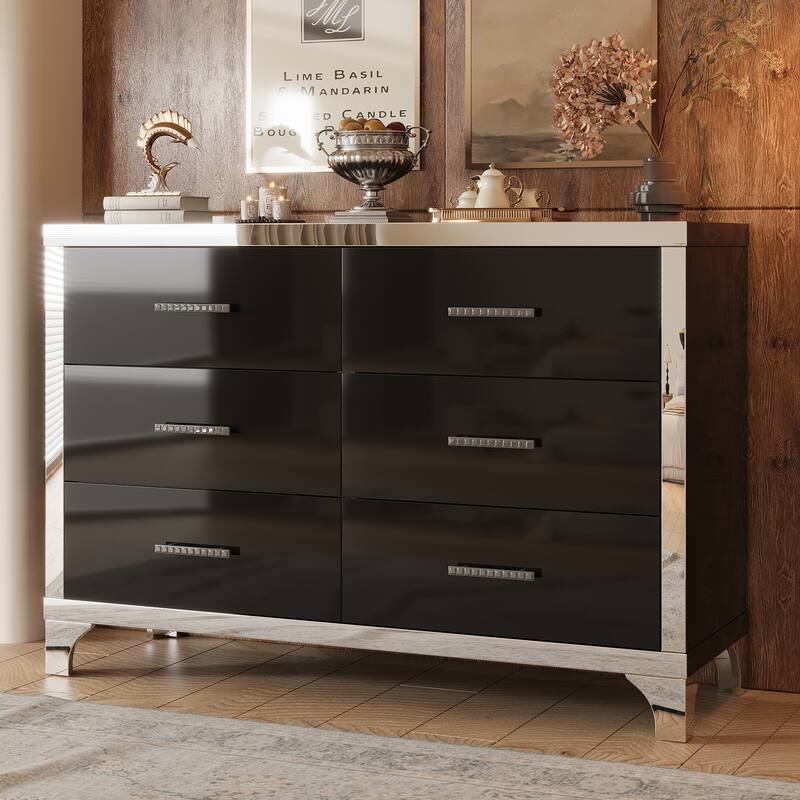 Elegant High Gloss Dresser with Metal Handle,Mirrored Storage Cabinet with 6 Drawers for Bedroom