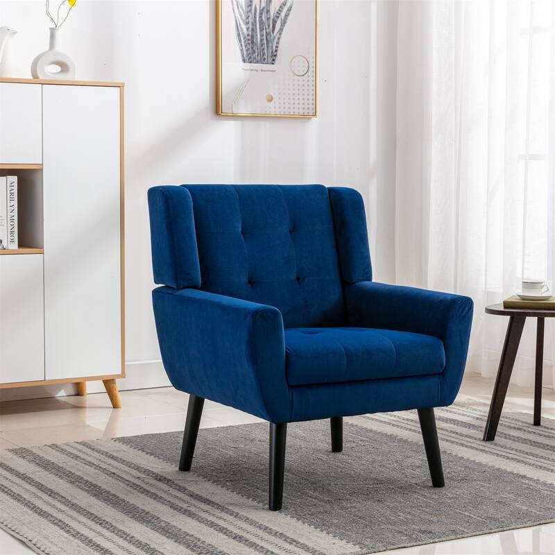 Blue Velvet Modern 29.53" Upholstered Buttons Tufted Accent Chair with Black Solid Wood Legs