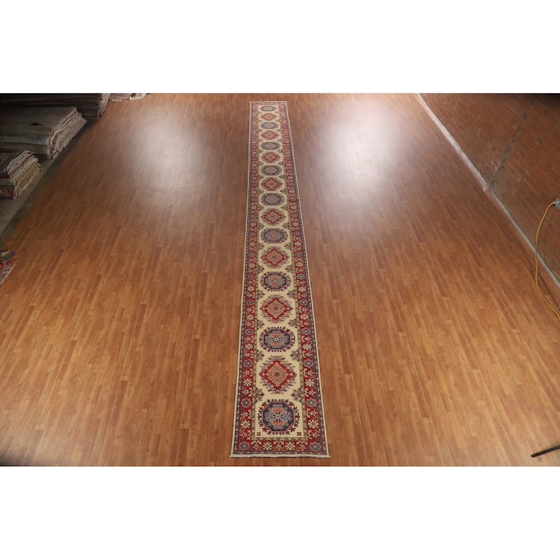 Geometric Beige Kazak Oriental Runner Rug Handmade Wool Carpet - 2'7" x 35'3"