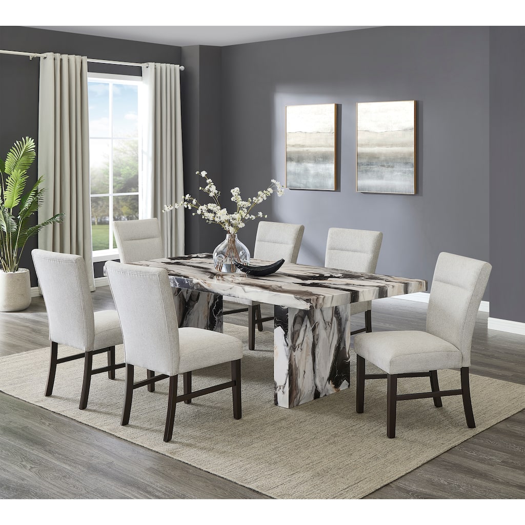 Roundhill Furniture Cavira Modern Faux Marble Dining Table with 6 Chairs