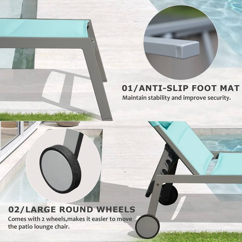 Outdoor Aluminum Patio Chaise Lounge Set of 3 with Side Table and Wheels, Padded Adjustable Recliner for Poolside, Beach