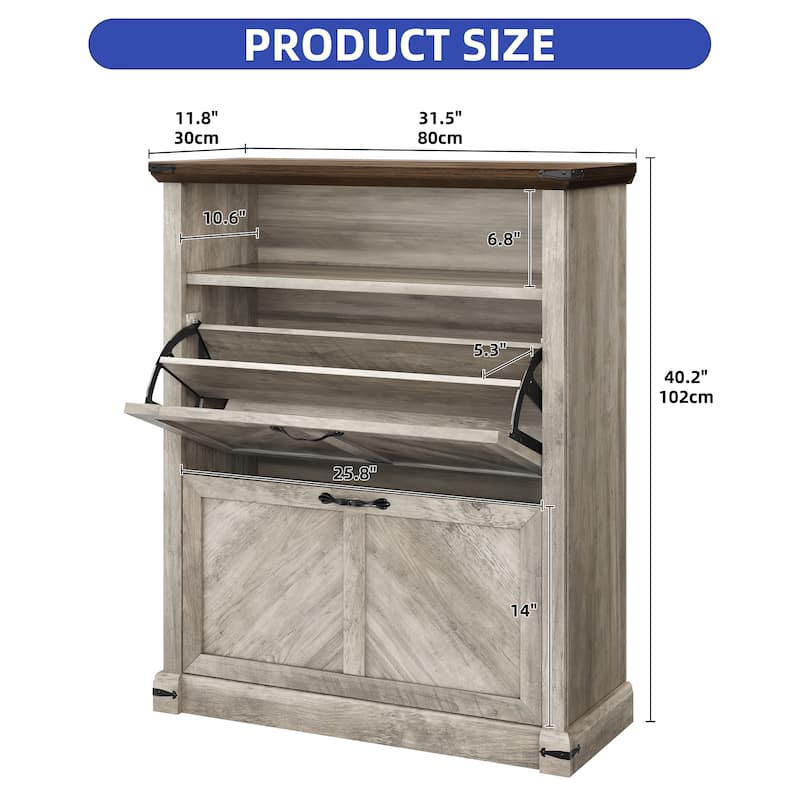 Moasis Farmhouse 16 Pairs Shoe Storage Cabinet with 2 Drawers Adjustable Shelves