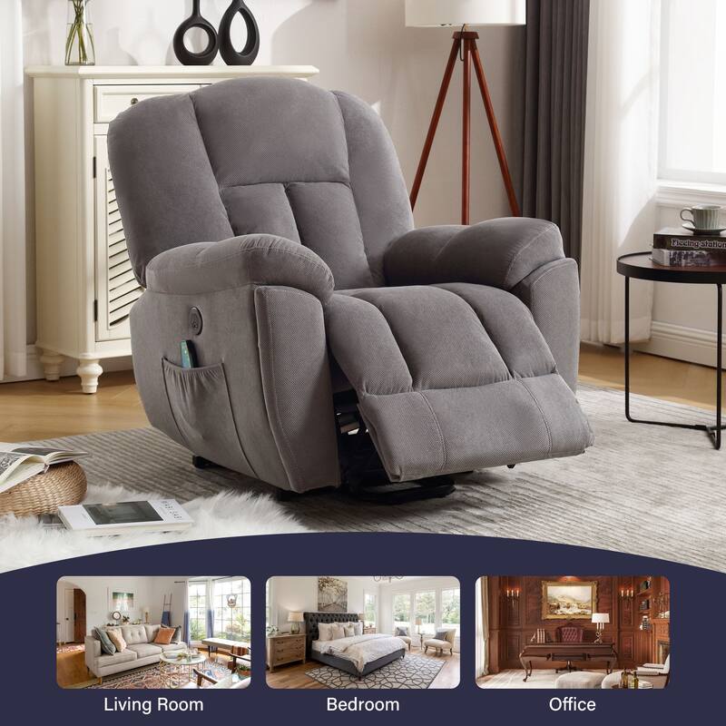 Grey Electric Power Lift Recliner Chair featuring Heat, Massage, Infinite Positions, USB Charging, and Side Storage